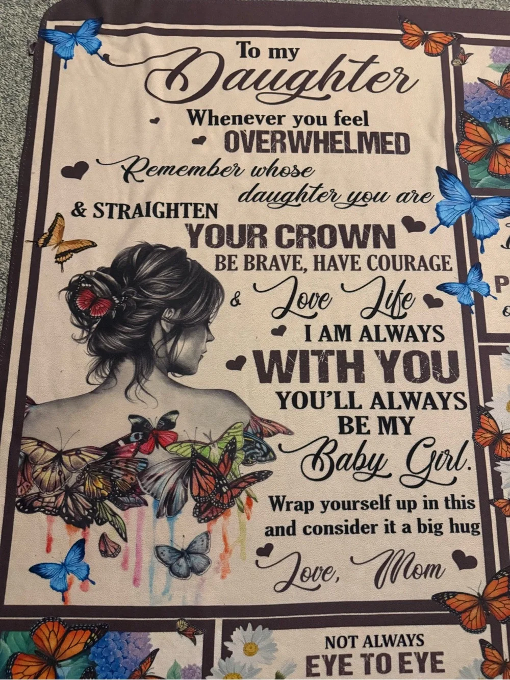 Daughter Message Throw Blanket with Butterflies - Beige, Blue, Orange